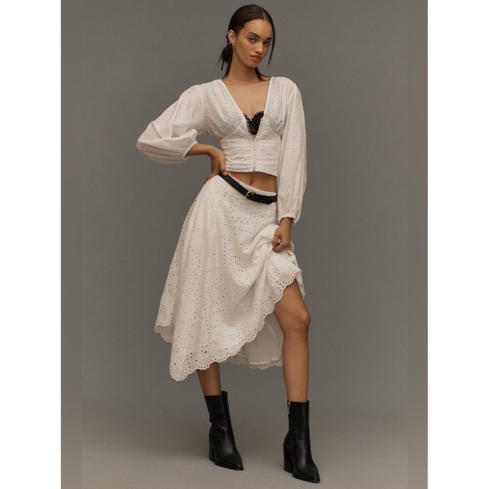 Anthropologie Asymmetric Ivory Eyelet High-Low Midi Skirt XS Ivory White Cotton